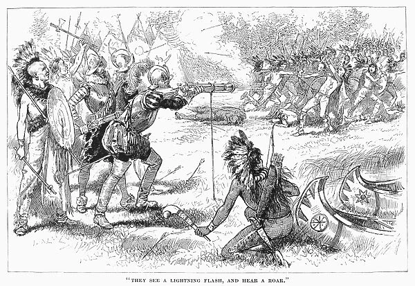 CHAMPLAIN FIGHTING NATIVE AMERICANS. Samuel de Champlains men, headed by a harquebusier, defeat an Iroquois war party with the aid of freindly Algonquins at the present site of Ticonderoga on Lake Champlain, 29 July 1609. Line engraving, American, c1880