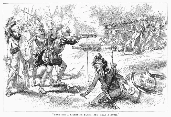 Framed Print : Champlain Fighting Native Americans Print, Line Engraving Framed Print : Champlain Fighting Native Americans Print, Line Engraving