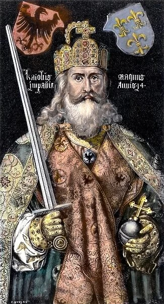 CHARLEMAGNE (742-814). King of the Franks, 768-814, and Emperor of the West, 800-814. Wood engraving, German, 19th century, after a painting, c1512, by Albrecht Durer