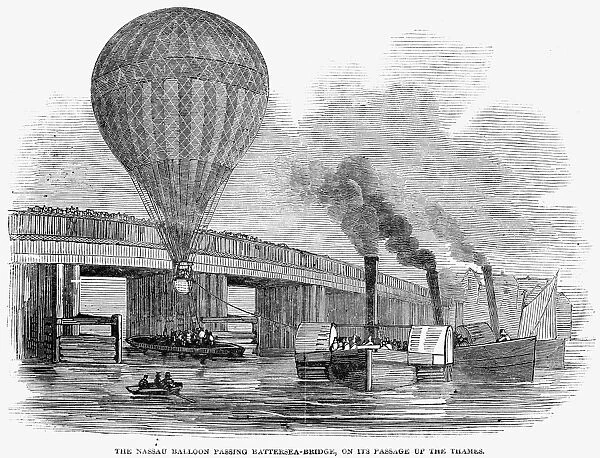 Charles Greens Great Nassau balloon passing Battersea Bridge on the Thames, shortly after its ascent at London, England, in August 1845. Wood engraving from a contemporary English newspaper