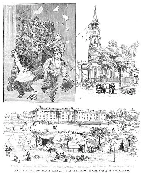 CHARLESTON EARTHQUAKE. Scenes from the earthquake that shook Charleston, South Carolina, for a week, starting on 31 August 1886. Line engraving from a contemporary American newspaper