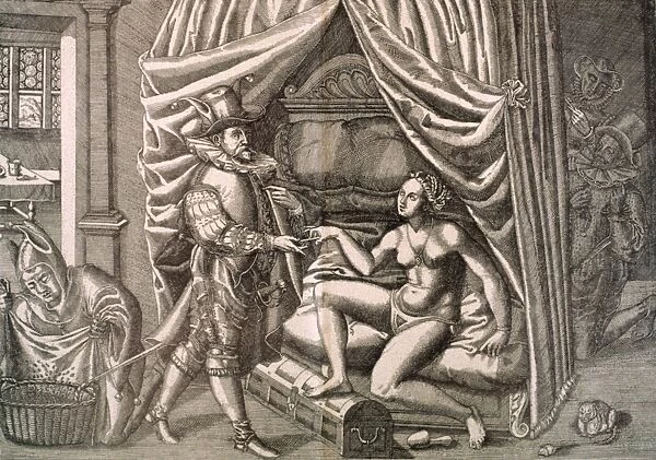 CHASTITY BELT. German copper engraving, 18th century, on the use of the chastity belt