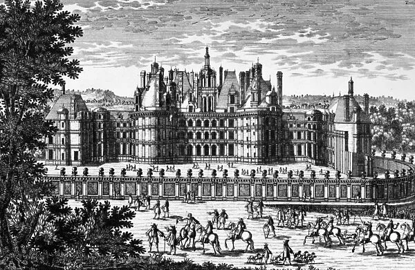 CHATEAU DE CHAMBORD. A view of the Chteau de Chambord in the Loire Valley, France, constructed in the 16th century, with attendants of the king shown in the foreground, preparing to depart on a hunt. Copper engraving, c1700, by Pierre Aveline