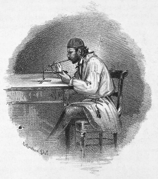 CHEMIST, 1857. A chemist using a blow torch. Lithograph, 1857