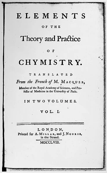 CHEMISTRY: TITLE PAGE, 1758. Title page of Thomas Jefferson copy of Elements of the Theory
