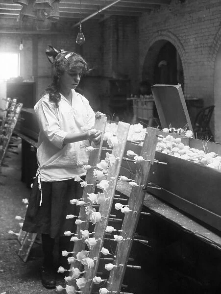 CHILD LABOR, c1915. A young girl works at a factory assembling artificial roses