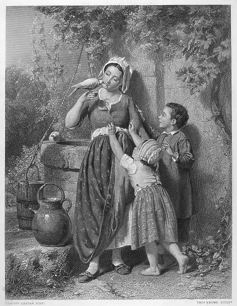 CHILDREN AND BIRD. Our Pets. Steel engraving, 19th century, after the painting, 1868, by Edmond Castan