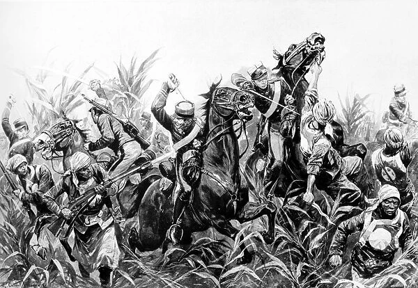 CHINA: BOXER REBELLION. Charge of the Japanese cavalry among the bamboos outside Tientsin, China