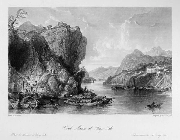 CHINA: COAL MINING, 1843. Coal mining operations at Ying Tih, on the Pe Kiang River in China. Steel engraving, English, 1843, after a drawing by Thomas Allom