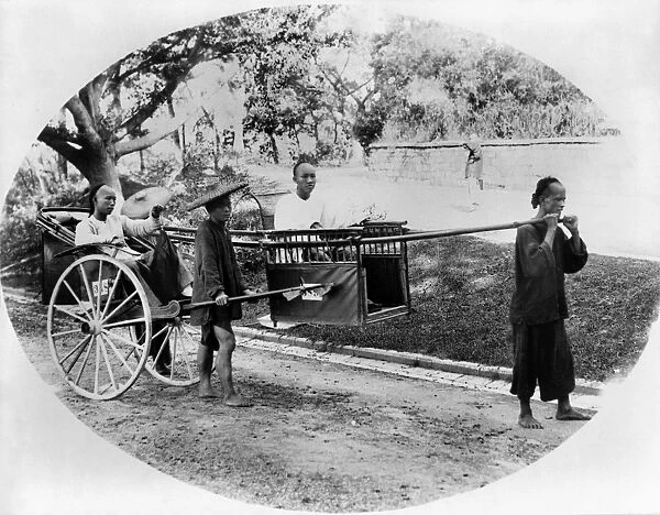 CHINA: TRAVEL, c1900. One man is pulled in rickshaw and another man is carried on a sedan chair