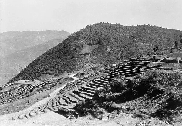 CHINA: WATER CONTROL, 1940. A terraced hillside in southwest China demonstrating