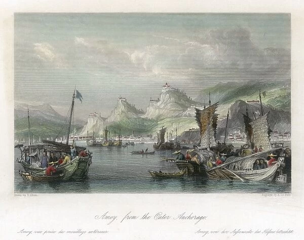 CHINA: XIAMEN, 1843. A view of Xiamen (or Amoy), China, from the harbor. Steel engraving, English, 1843, after a drawing by Thomas Allom