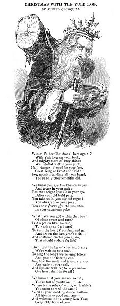 CHRISTMAS YULE LOG, 1848. Father Christmas carrying the Yule Log. Wood engraving, English, 1848