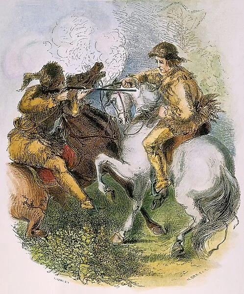 CHRISTOPHER CARSON (1809-1868). Known as Kit. American frontiersman. Carson in a scuffle with another rider. Wood engraving from The Life & Adventures of Kit Carson, the Nestor of the Rocky Mountains, by DeWitt Peters, New York, 1858