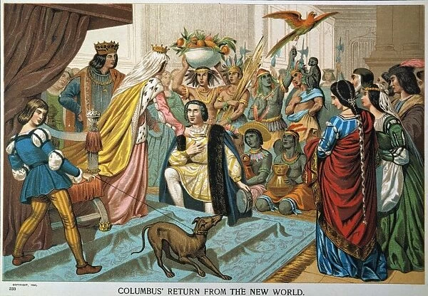 CHRISTOPHER COLUMBUS Columbus returns from the New World. American lithograph, 1892