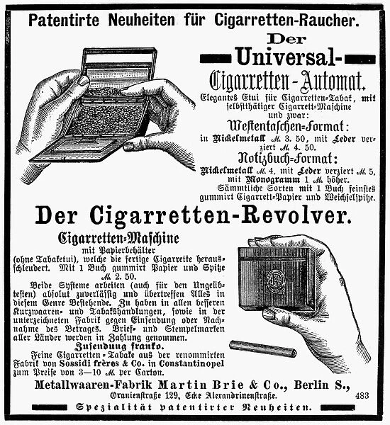 CIGARETTE ROLLER AD. German newpaper advertisement for an automatic cigarette roller
