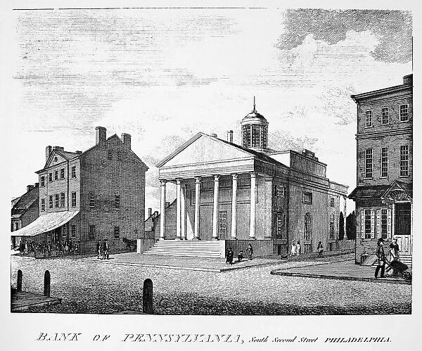The City Tavern (left) and the Bank of Pennsylvania, South Second Street, Philadelphia. Line engraving, 1800, by William Birch & Son