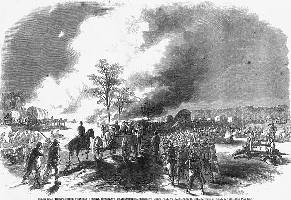 CIVIL WAR: 7 DAYS BATTLES. Having set fire to stores which they were unable to transport, Union forces under the command of General William B. Franklin fall back under cover of darkness to take up defensive positions, 29 June 1862. Wood engraving from a contemporary American newspaper