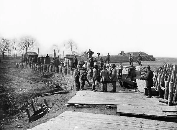 CIVIL WAR: BULL RUN, 1862. Federal troops at abandoned Confederate fortifications at Manassas, Virginia, after the First Battle of Bull Run. Photograph by George Barnard, March 1862