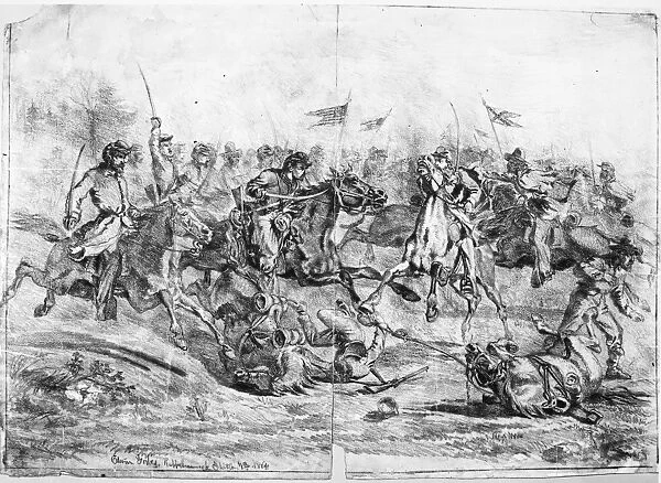 CIVIL WAR: CAVALRY CHARGE. Cavalry charge near Rappahannock Station, Virginia, 1864, during the American Civil War. Contemporary pencil drawing by Edwin Forbes