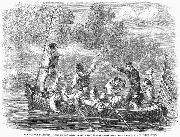 CIVIL WAR: POTOMAC RIVER. Union Navy boat crew of the Potomac Fleet trapped by Confederate forces on the Potomac River, 1861. Wood engraving from a contemporary English newspaper