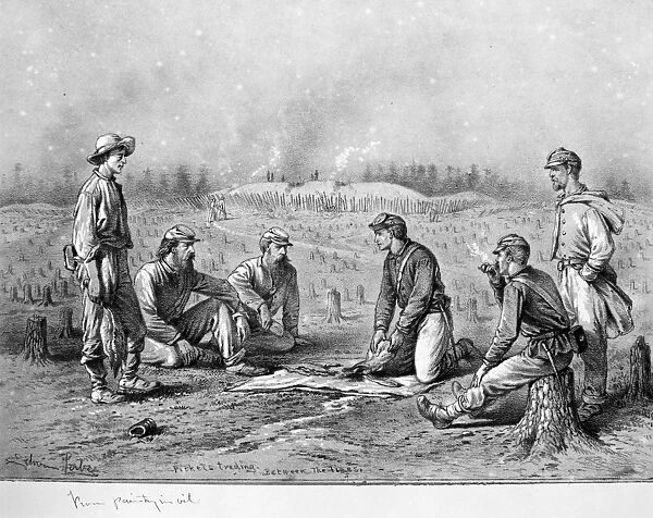 CIVIL WAR: SOLDIERS. Pickets Trading Between the Lines. Pencil drawing by Edwin Forbes (1839-1895)