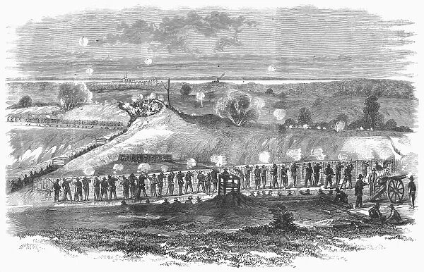 CIVIL WAR: VICKSBURG, 1863. View of the Union line during the Siege of Vicksburg, May to July 1863, with Vicksburg and the Mississipppi River in the background. Wood engraving from a contemporary German edition of an American newspaper