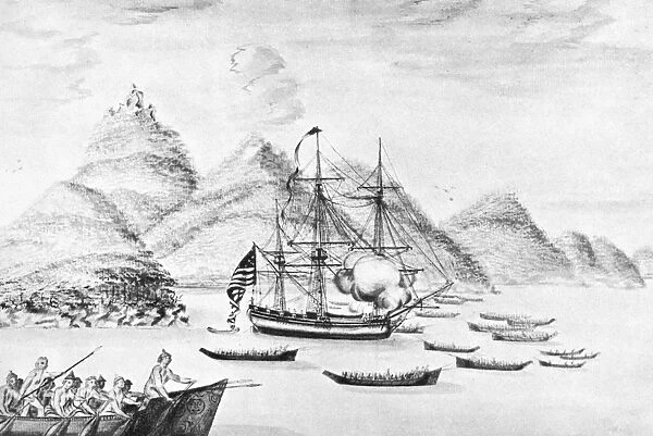 COLUMBIA EXPEDITION, 1792. Robert Grays ship Columbia under attack in Juan de