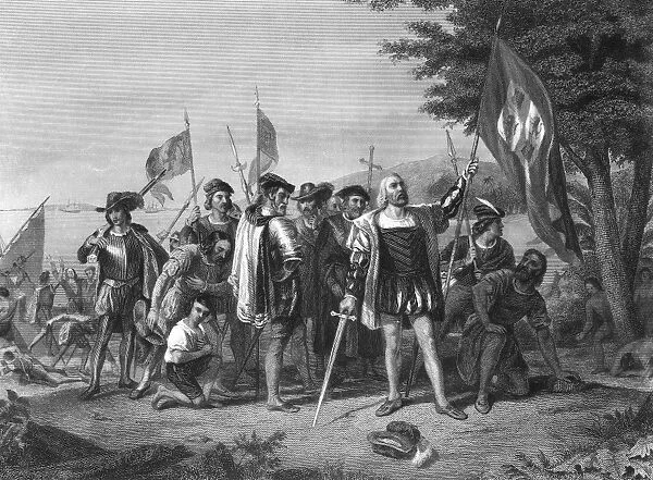 COLUMBUS: SAN SALVADOR. The landing of Christopher Columbus at San Salvador (Guanahani) in the Bahamas, 12 October 1492. Steel engraving, 19th century, after the painting by John Vanderlyn