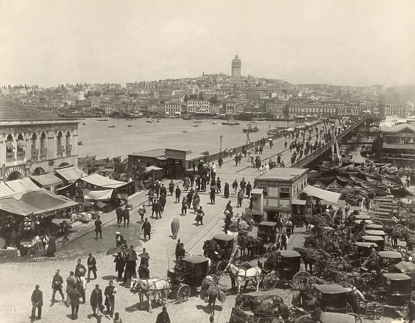 CONSTANTINOPLE: BRIDGE. Aerial view of the Galata Bridge in Constantinople, Ottoman Empire