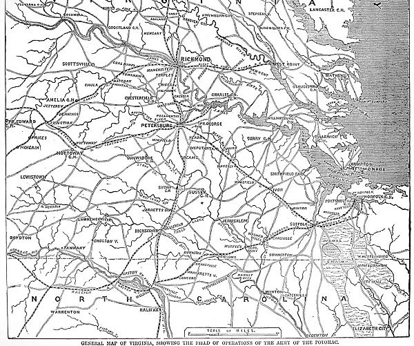 Contemporary map of the fields of operation of the war in south-eastern Virginia, including Hampton Roads, where the engagement between the Monitor and the Merrimack took place