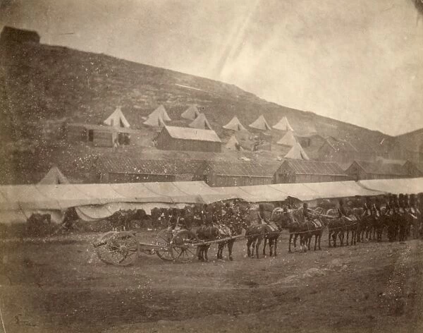 CRIMEAN WAR: HORSE ARTILLERY. A team of horses with wheeled artillery guns, with tents