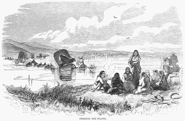 CROSSING THE PLATTE, 1859. Dog Belly, Chief of the Oglala Sioux, and some of his braves smoking the peace pipe while emigrants cross the South Fork of the Platte River en route to California. Albert Bierstadt is sketching at far right. Wood engraving, 1859 after a drawing by Bierstadt
