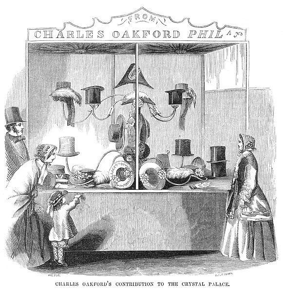 CRYSTAL PALACE, 1853. Hats on display at the Crystal Palace, New York, during the Exhibition of the Industry of All Nations in 1853. Wood engraving from a contemporary American newspaper