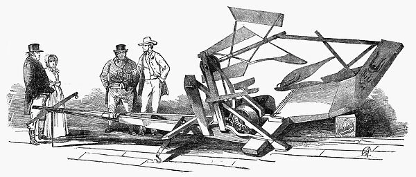 Cyrus Hall McCormicks reaper exhibited at the Great London Exhibition of 1851: contemporary wood engraving