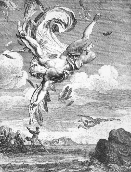 Framed Print : DAEDALUS AND ICARUS Copper engraving print, 1731 Framed Print : DAEDALUS AND ICARUS Copper engraving print, 1731