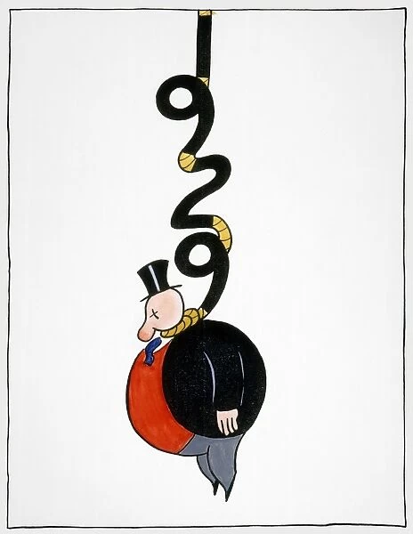 DEPRESSION CARTOON. American cartoon by Otto Soglow showing a capitalist hanging from a rope in the shape of 1929, the year of the Stock Market crash