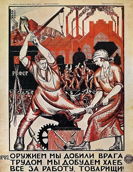 We destroyed our enemy with weapons, we will earn our bread with labor - Comrades, roll up your sleeves for work! Color lithograph poster by Nikolai Kogout, 1920