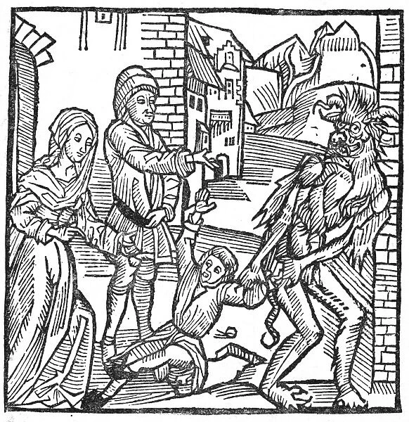 DEVIL AND CHILD, 1498. A child being taken away from his parents by the devil with