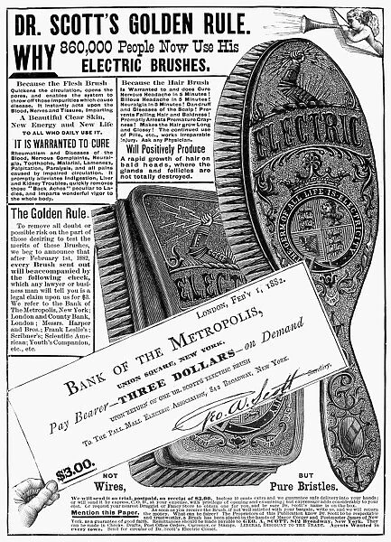 Dr. Scotts Electric Flesh Brush and Hair Brush. American newspaper advertisement, 1882