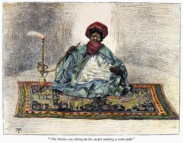 EAST AFRICA: SULTAN, 1889. The Sultan was sitting on his carpet smoking a water-pipe. Line engraving, English, 1889, after Harry Hamilton Johnston