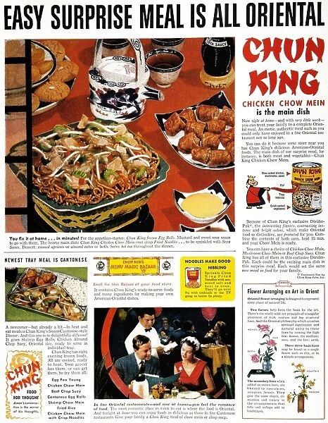 Easy Surprise Meal Is All Oriental. Advertisement for Chun King ready-to-serve American-Oriental dishes, from an American magazine of 1957