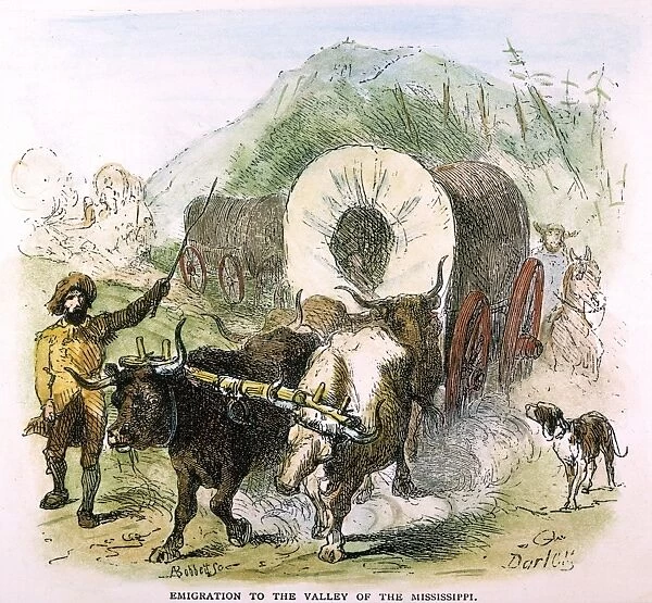 EMIGRANTS TO WEST. Oxen hauling a covered wagon of emigrants to the American west. Color engraving, 19th century
