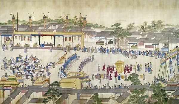 Emperor of China, 1661-1722. K ang Hsi entering Peking on the occasion of his 60th birthday. Left detail of a painted silk scroll, early 18th century