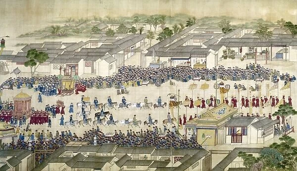 Emperor of China, 1661-1722. K ang Hsi entering Peking on the occasion of his 60th birthday. Right detail of a painted silk scroll, early 18th century