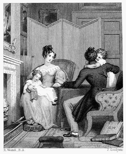 ENGLAND: FAMILY, c1810. Young family at the fireside. Steel engraving, English, after Richard Westall (1765-1836)