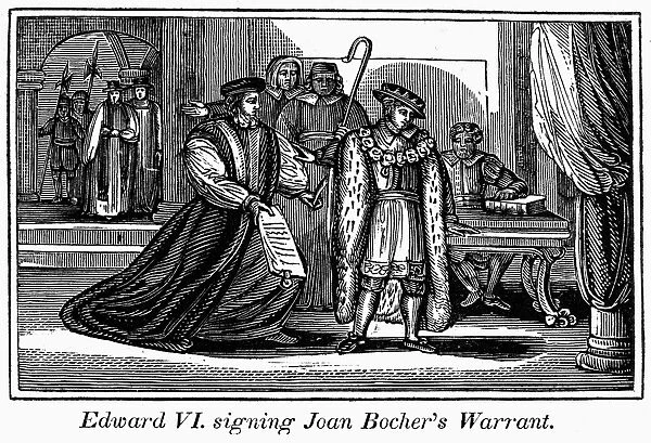 ENGLAND: MARTYR, 1550. Edward VI signing warrant for the arrest of Joan Bocher, an Anabaptist later burned at the stake for heresy at Smithfield, England, 1550. Wood engraving from an 1832 American edition of John Foxes Book of Martyrs