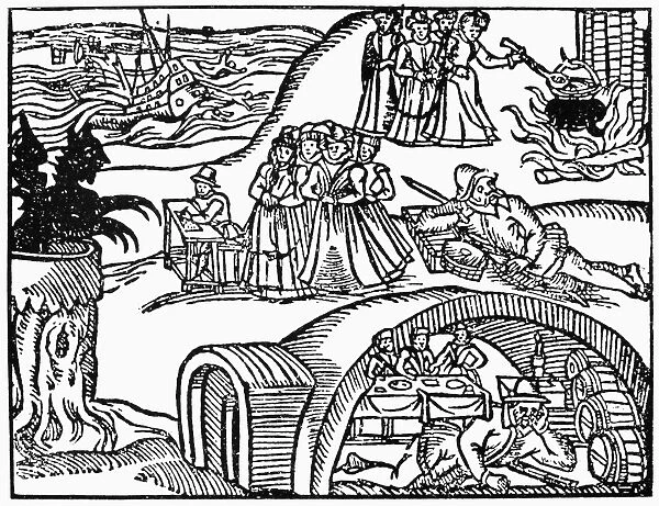 ENGLAND: WITCH, 1591. The English witch, Agnes Sampson, and her coven raising a