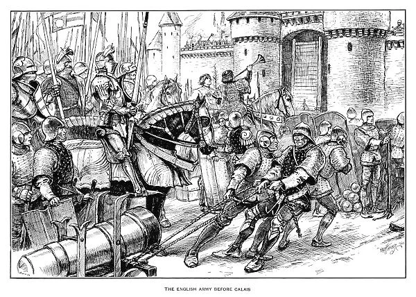 ENGLISH ARMY IN CALAIS. The English army before Calais in 1347. Pen-and-ink drawing