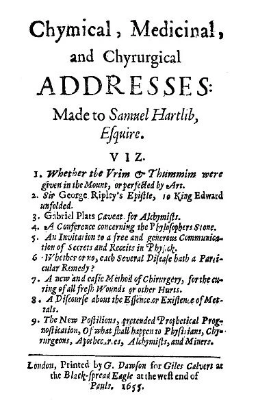 English chemist and physicist. Title page of Chymical, Medicinal, and Chyrurgical Addresses Made to Samuel Hartlib, Esquire, a volume containing an anonymous tract believed to be Boyles first printed work, London, 1655